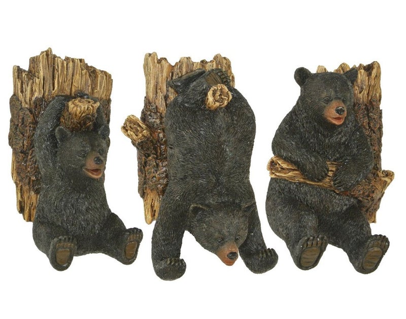 Marco Set of Three Resin Black Bear and Tree Trunk Wall Hooks -Lodge Decor - Image 1